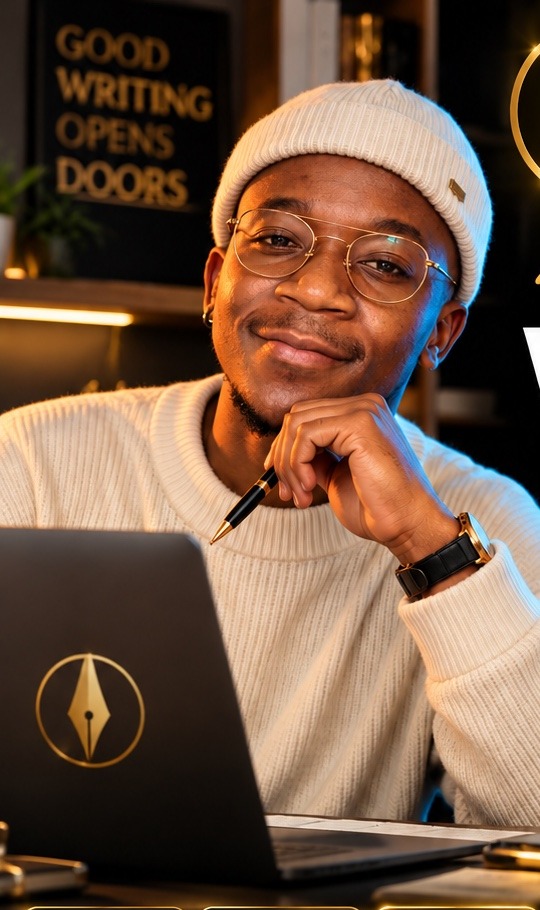Professional Pen representative working with a laptop in a writing studio